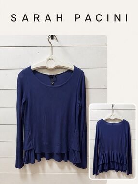 SARAH PACINI Ruffle Hem Long Sleeve Top Navy Size 3 / L